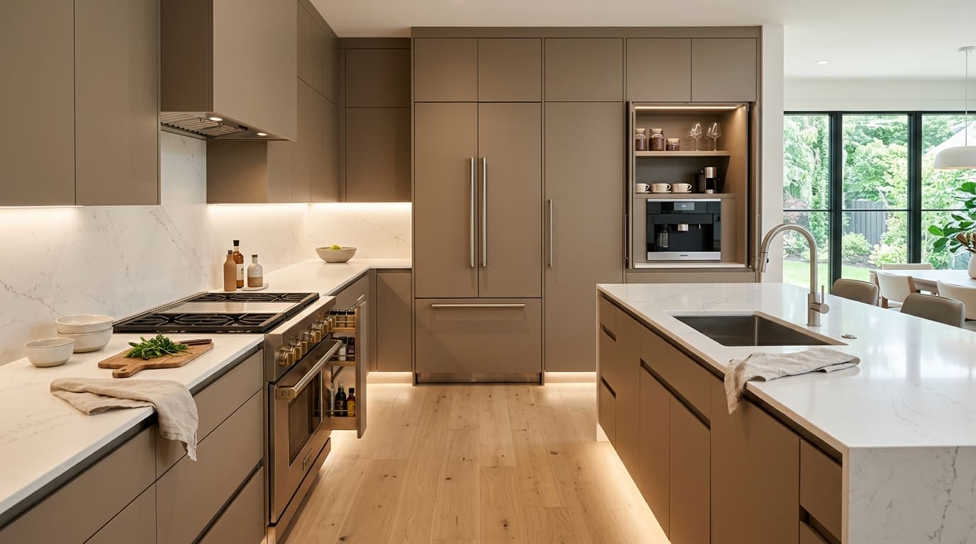 A Cabintie kitchen with taupe slab cabinetry and a stone island