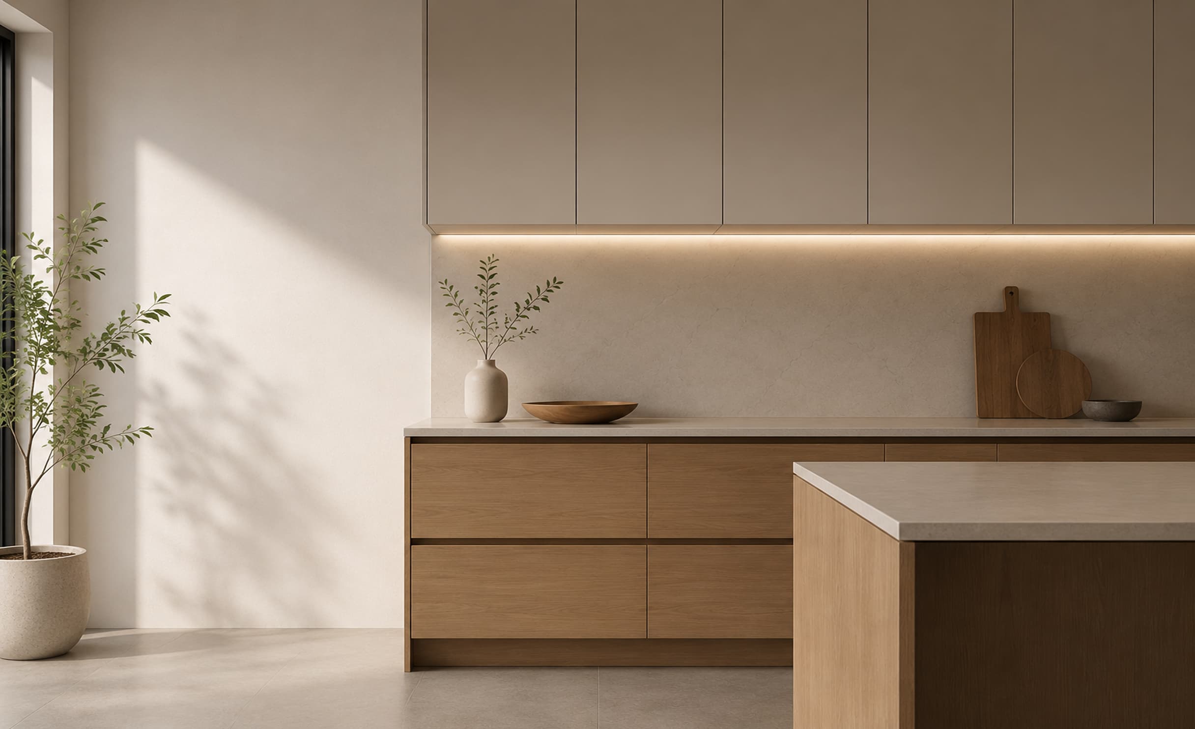A kitchen with tall pantry cabinets and integrated appliances